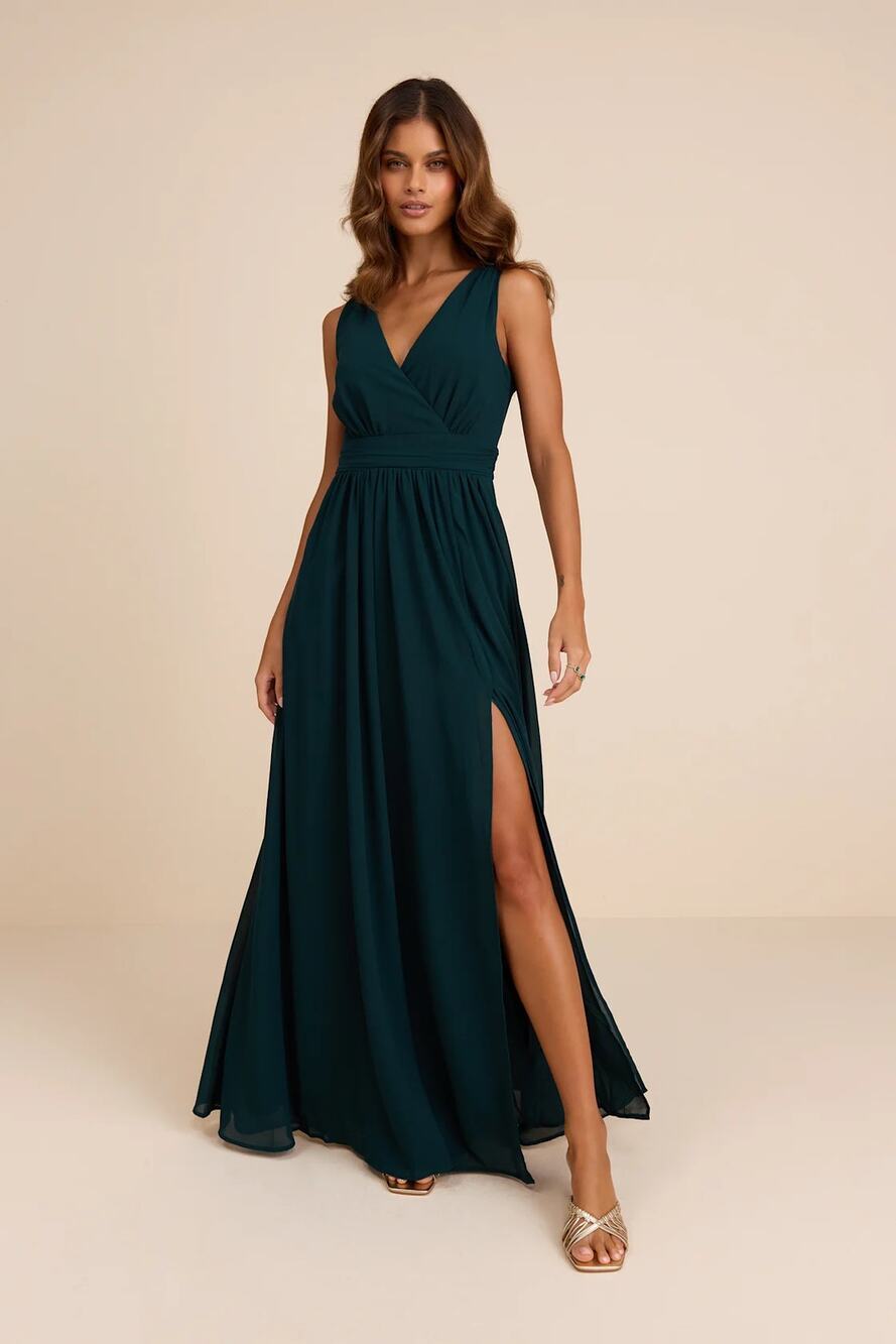 Lulus Thoughts of Hue Emerald Green Surplice Maxi Dress Medium Formal Minimalist